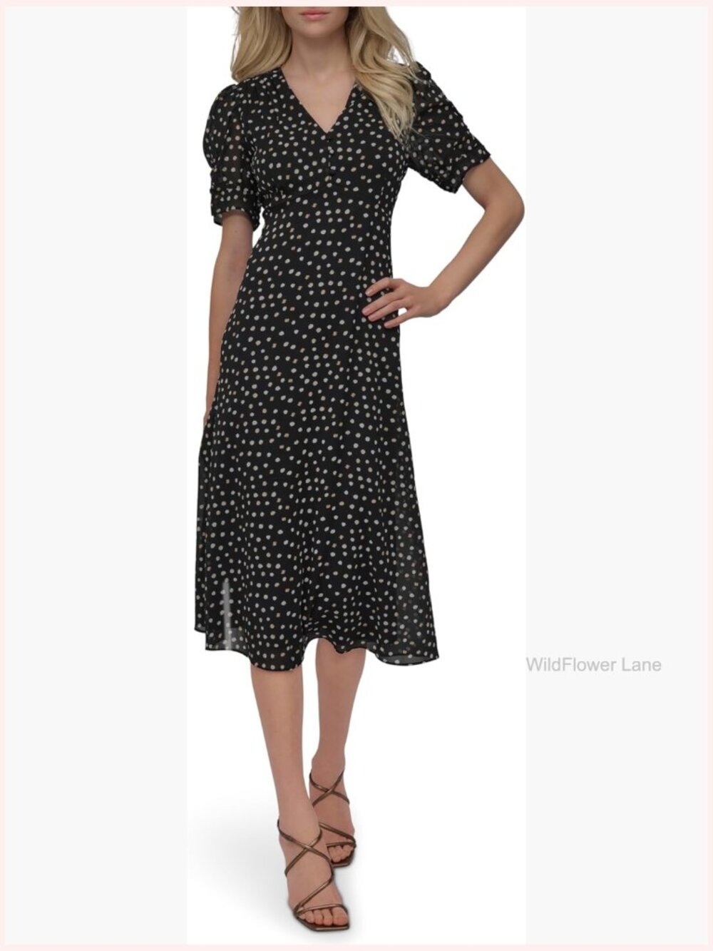 Short Sleeve V-Neck Fit & Flare Midi Dress with Button Front, Polka Dot Print